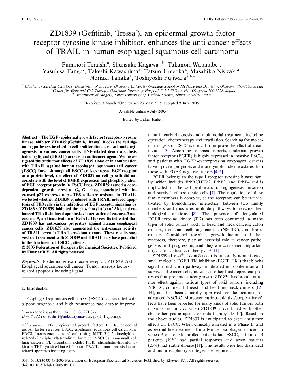 ZD1839 (Gefitinib, ‘Iressa’), an epidermal growth factor receptor-tyrosine kinase inhibitor, enhances the anti-cancer effects of TRAIL in human esophageal squamous cell carcinoma