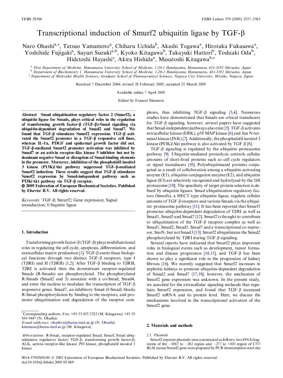 Transcriptional induction of Smurf2 ubiquitin ligase by TGF-β