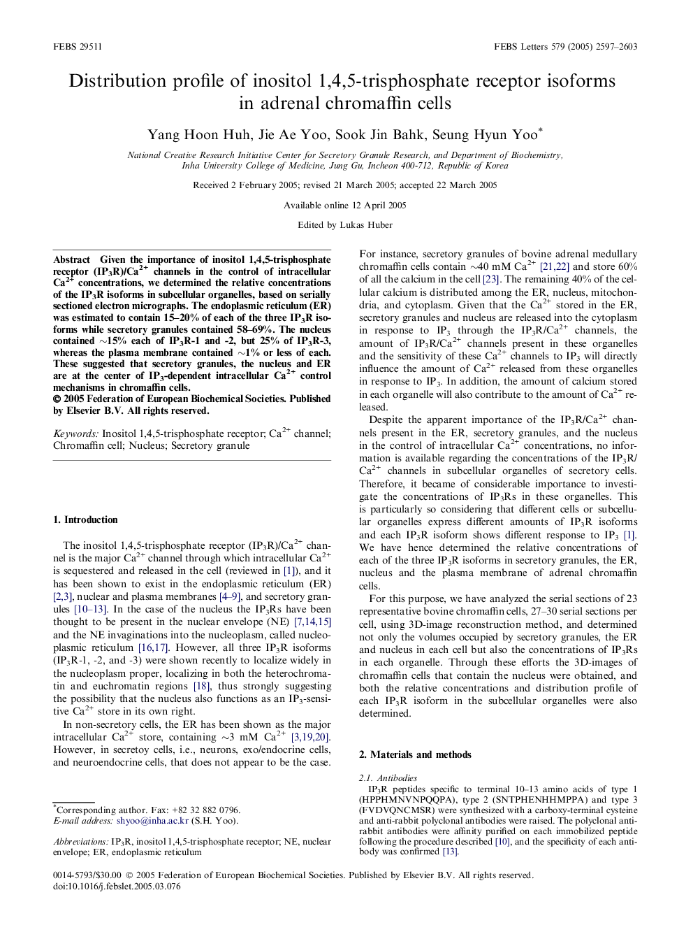 Distribution profile of inositol 1,4,5-trisphosphate receptor isoforms in adrenal chromaffin cells