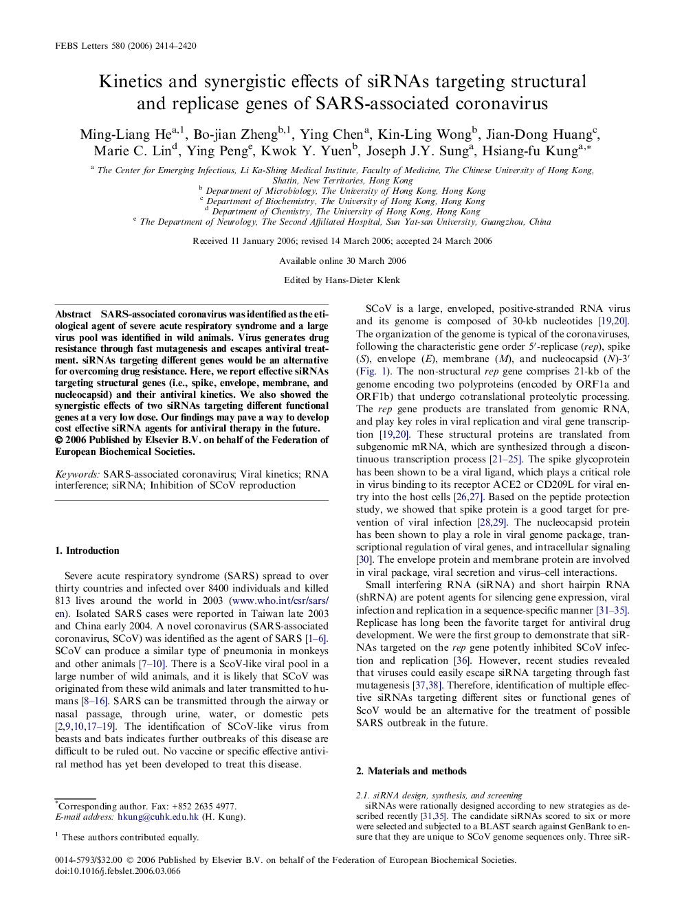 Kinetics and synergistic effects of siRNAs targeting structural and replicase genes of SARS-associated coronavirus