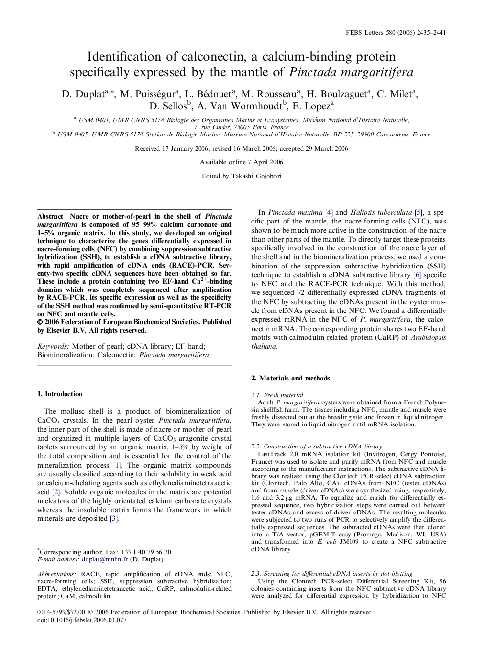 Identification of calconectin, a calcium-binding protein specifically expressed by the mantle of Pinctada margaritifera