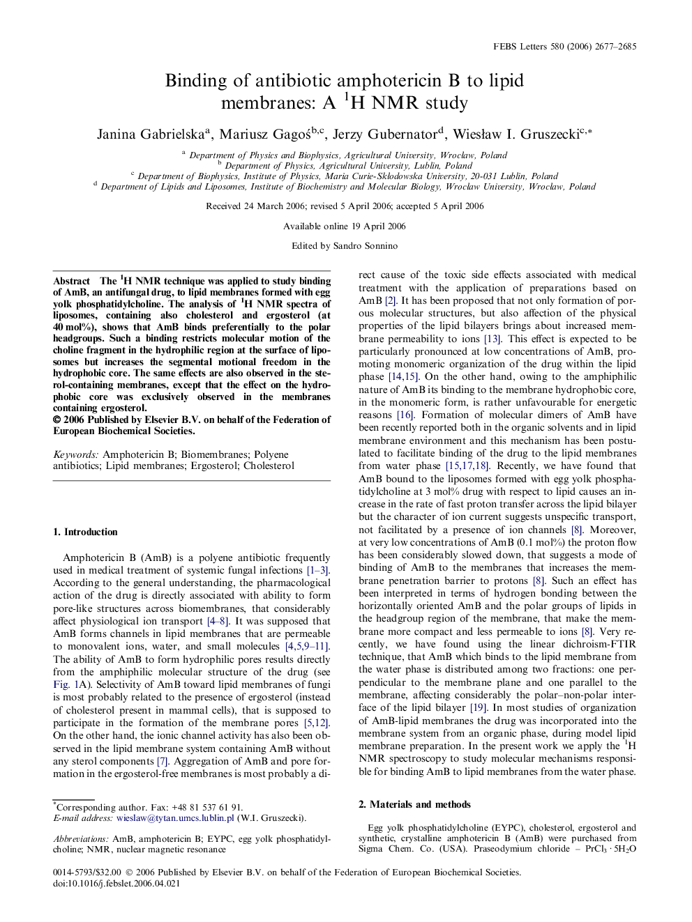 Binding of antibiotic amphotericin B to lipid membranes: A 1H NMR study