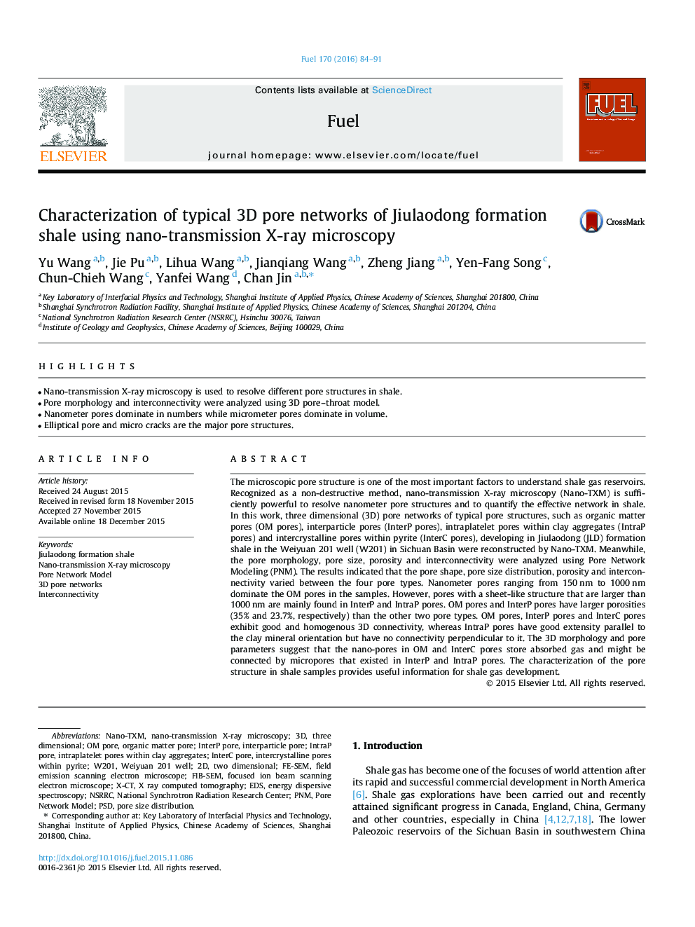 Characterization of typical 3D pore networks of Jiulaodong formation shale using nano-transmission X-ray microscopy