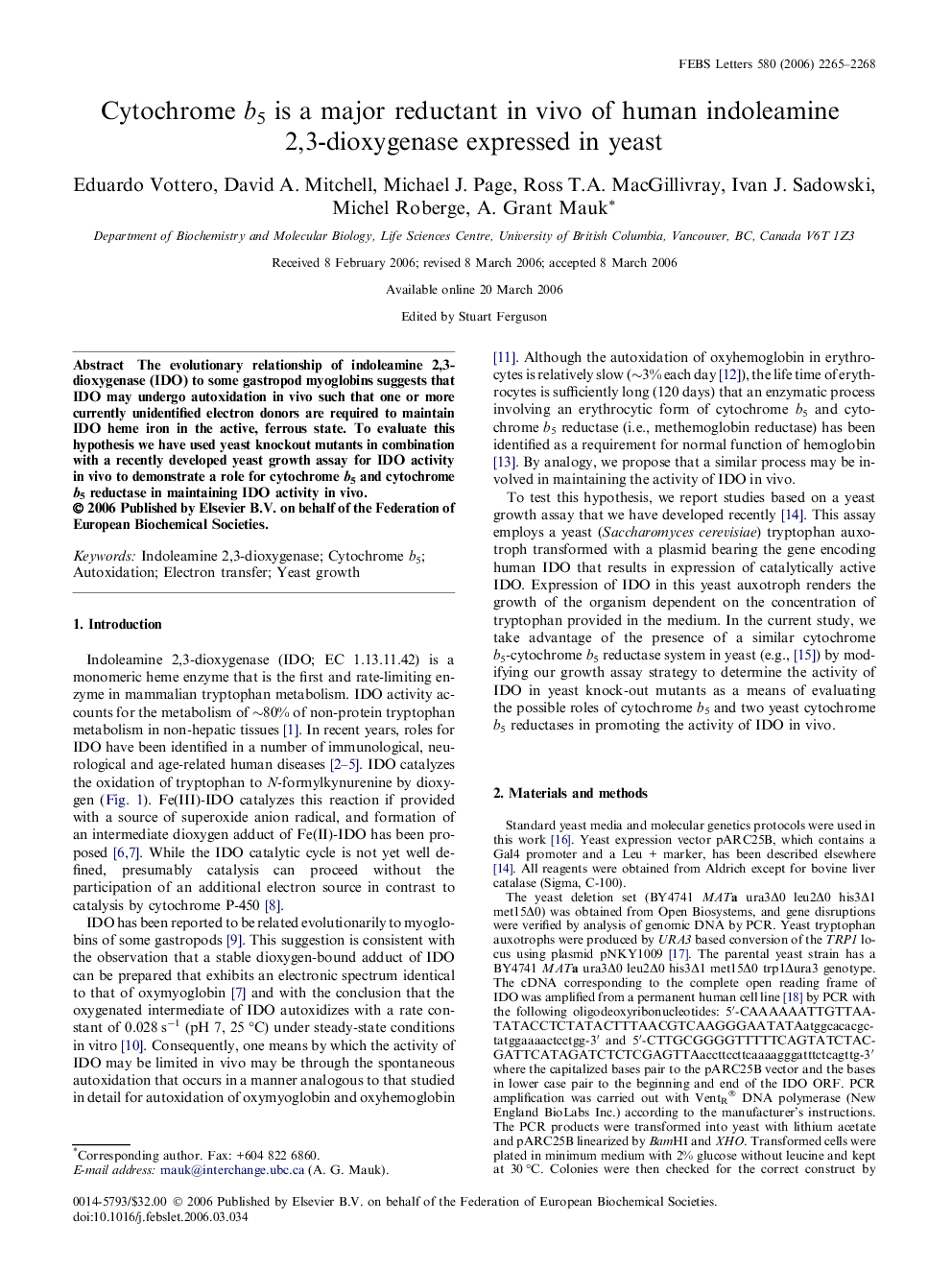 عکس صفحه اول مقاله: Cytochrome b5 is a major reductant in vivo of human indoleamine 2,3-dioxygenase expressed in yeast Cytochrome b5 is a major reductant in vivo of human indoleamine 2,3-dioxygenase expressed in yeast