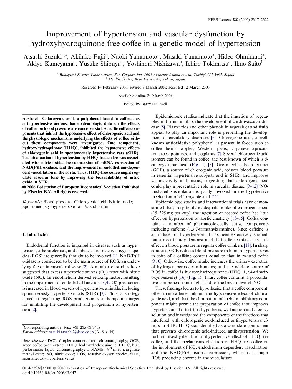 Improvement of hypertension and vascular dysfunction by hydroxyhydroquinone-free coffee in a genetic model of hypertension