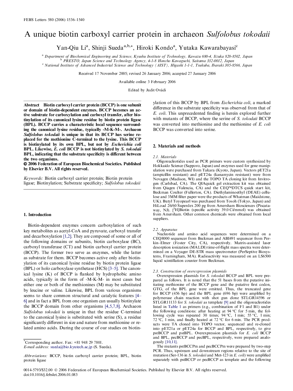 A unique biotin carboxyl carrier protein in archaeon Sulfolobus tokodaii