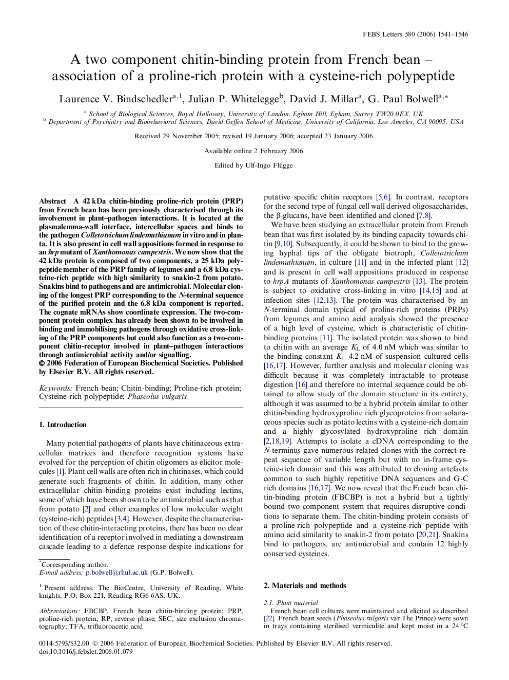 A two component chitin-binding protein from French bean – association of a proline-rich protein with a cysteine-rich polypeptide