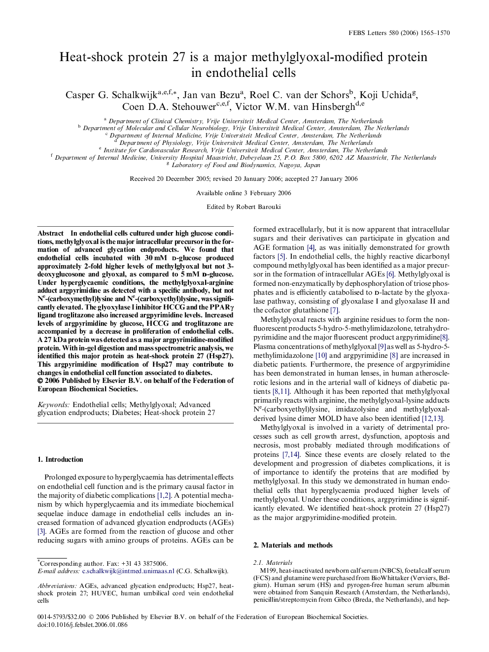 Heat-shock protein 27 is a major methylglyoxal-modified protein in endothelial cells