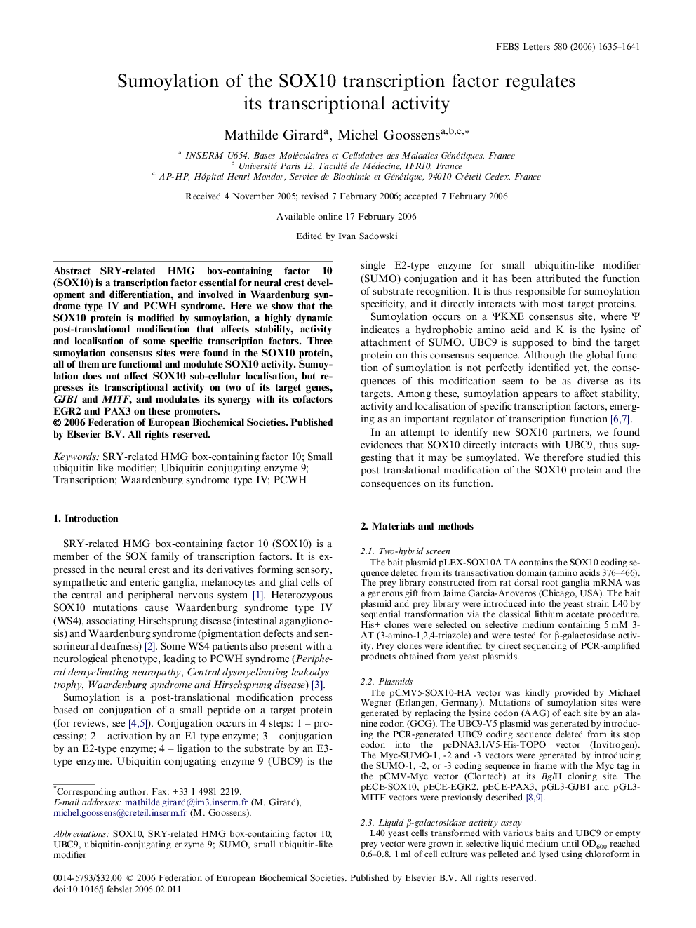 Sumoylation of the SOX10 transcription factor regulates its transcriptional activity