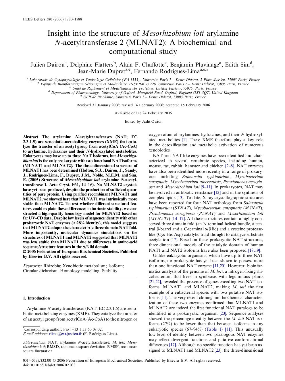 Insight into the structure of Mesorhizobium loti arylamine N-acetyltransferase 2 (MLNAT2): A biochemical and computational study