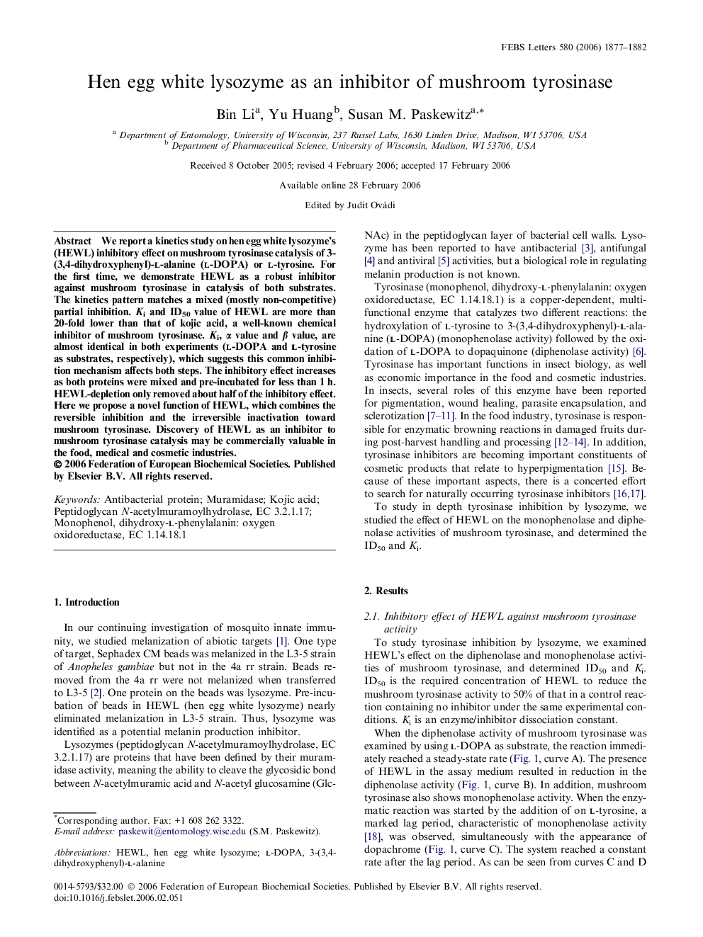 Hen egg white lysozyme as an inhibitor of mushroom tyrosinase