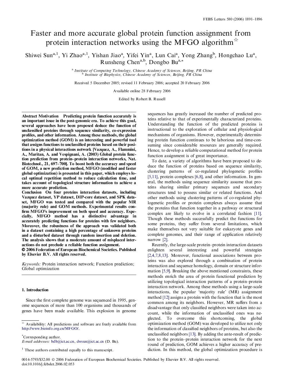 Faster and more accurate global protein function assignment from protein interaction networks using the MFGO algorithm 