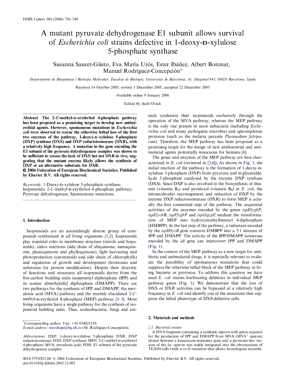 A mutant pyruvate dehydrogenase E1 subunit allows survival of Escherichia coli strains defective in 1-deoxy-d-xylulose 5-phosphate synthase