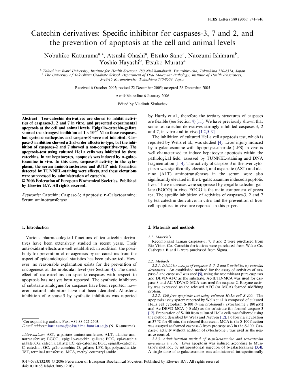 Catechin derivatives: Specific inhibitor for caspases-3, 7 and 2, and the prevention of apoptosis at the cell and animal levels