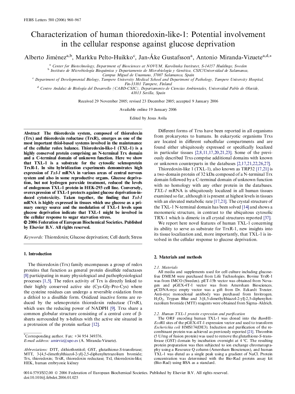 Characterization of human thioredoxin-like-1: Potential involvement in the cellular response against glucose deprivation