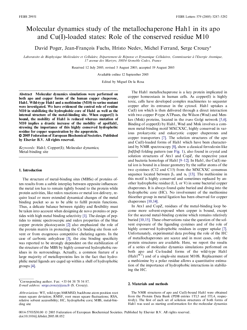 Molecular dynamics study of the metallochaperone Hah1 in its apo and Cu(I)-loaded states: Role of the conserved residue M10