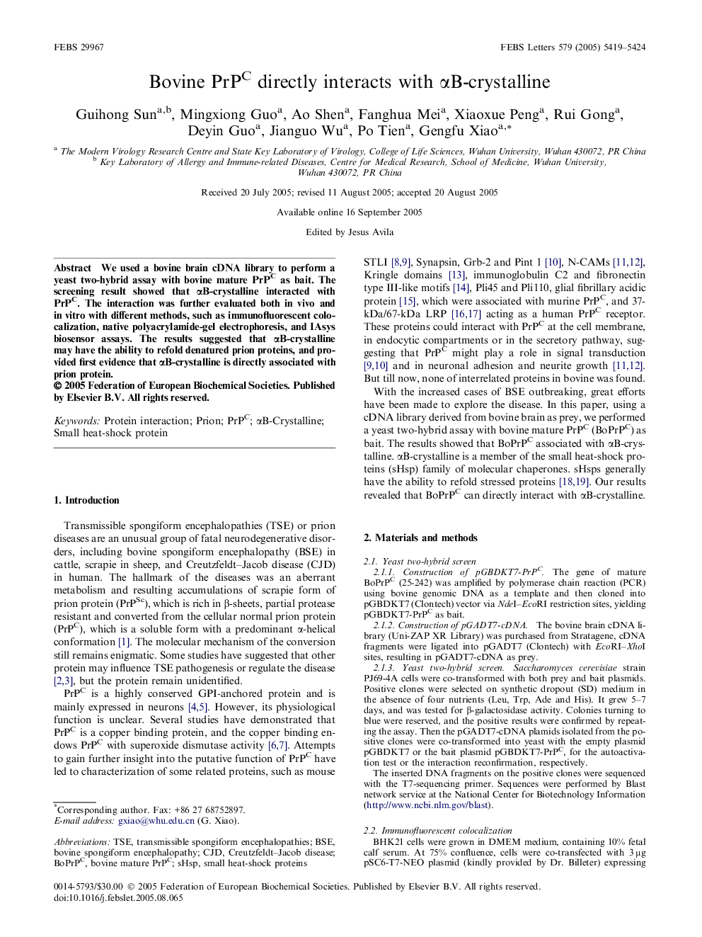 Bovine PrPC directly interacts with αB-crystalline