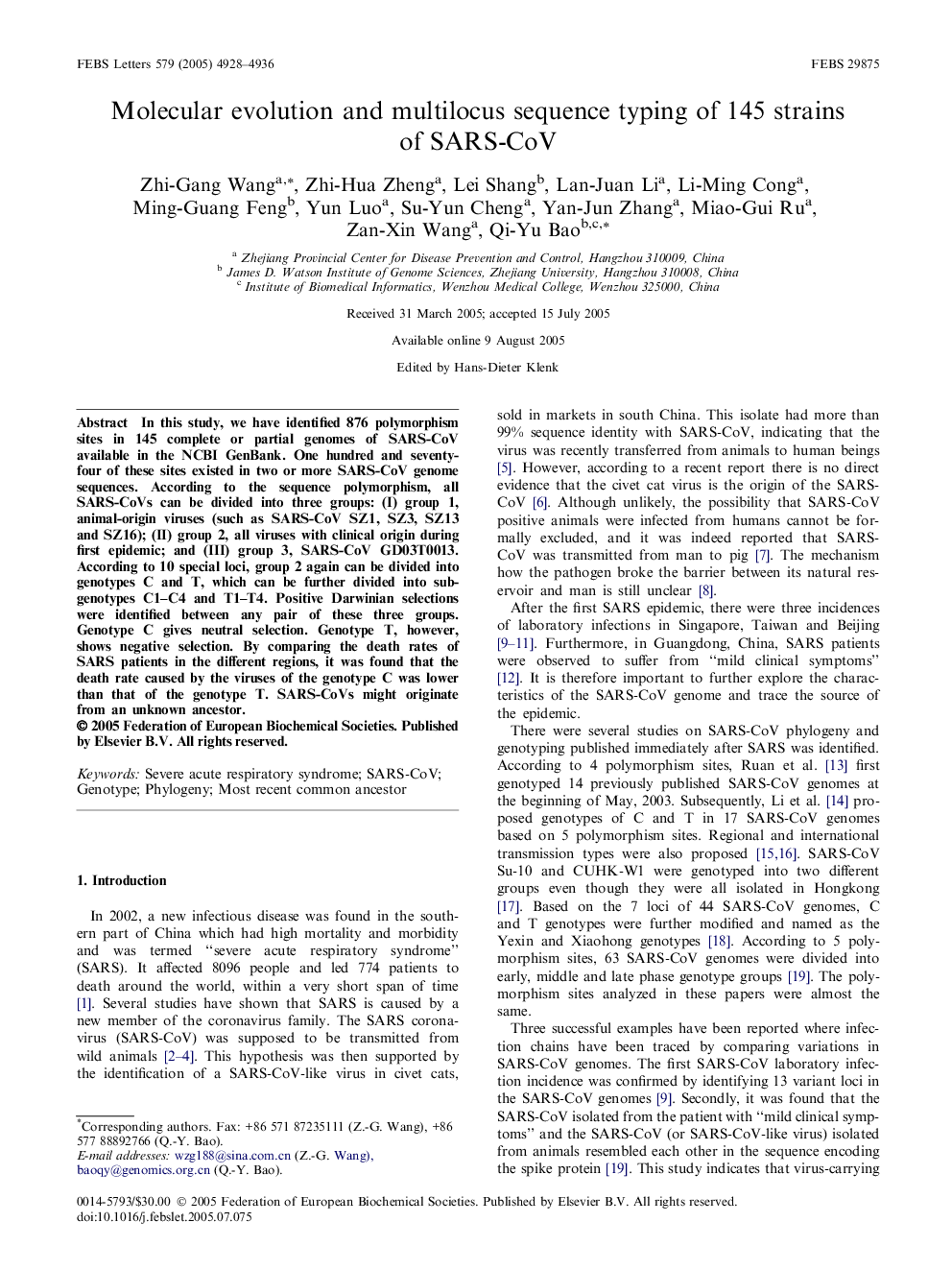 Molecular evolution and multilocus sequence typing of 145 strains of SARS-CoV