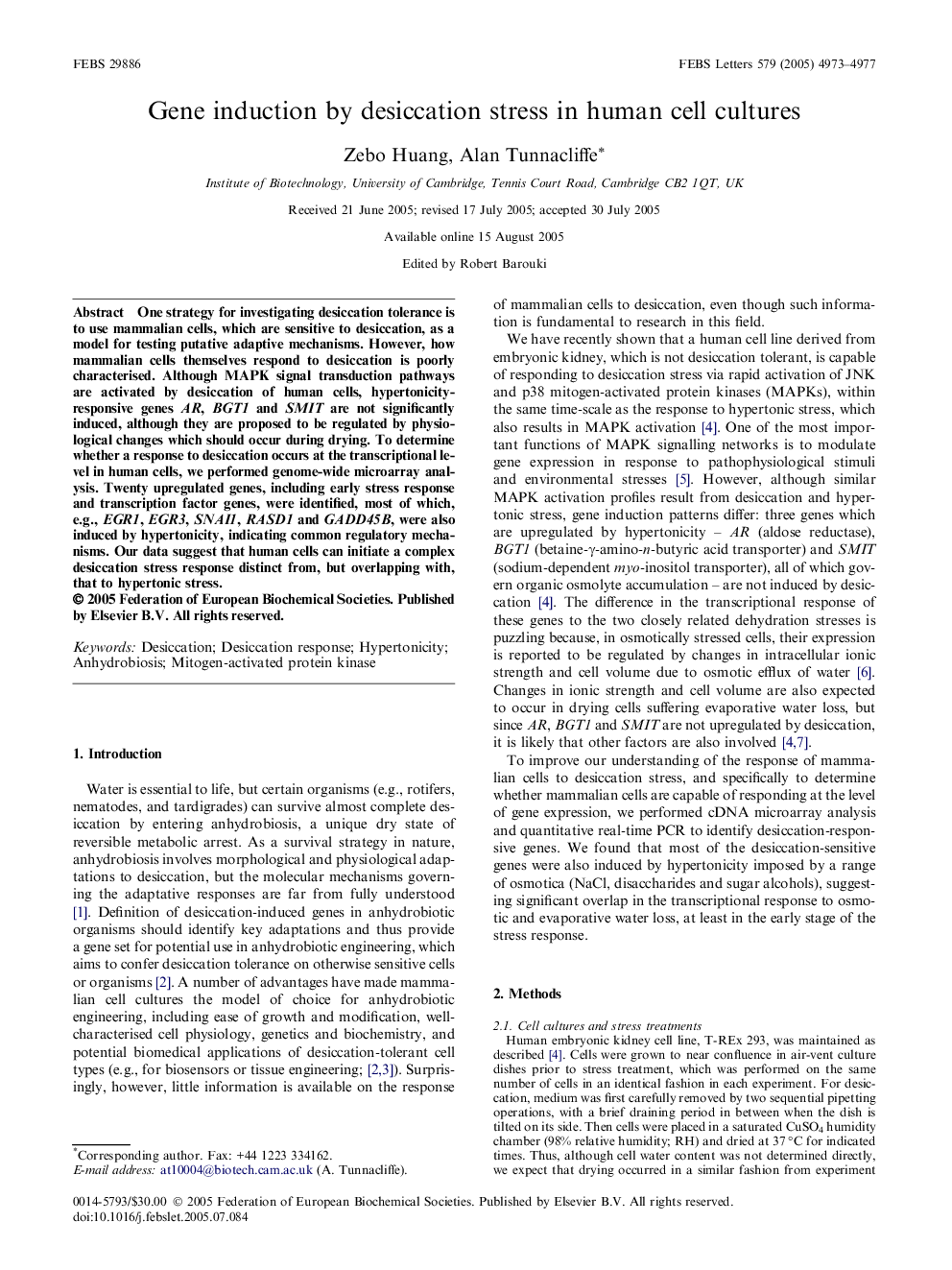 Gene induction by desiccation stress in human cell cultures