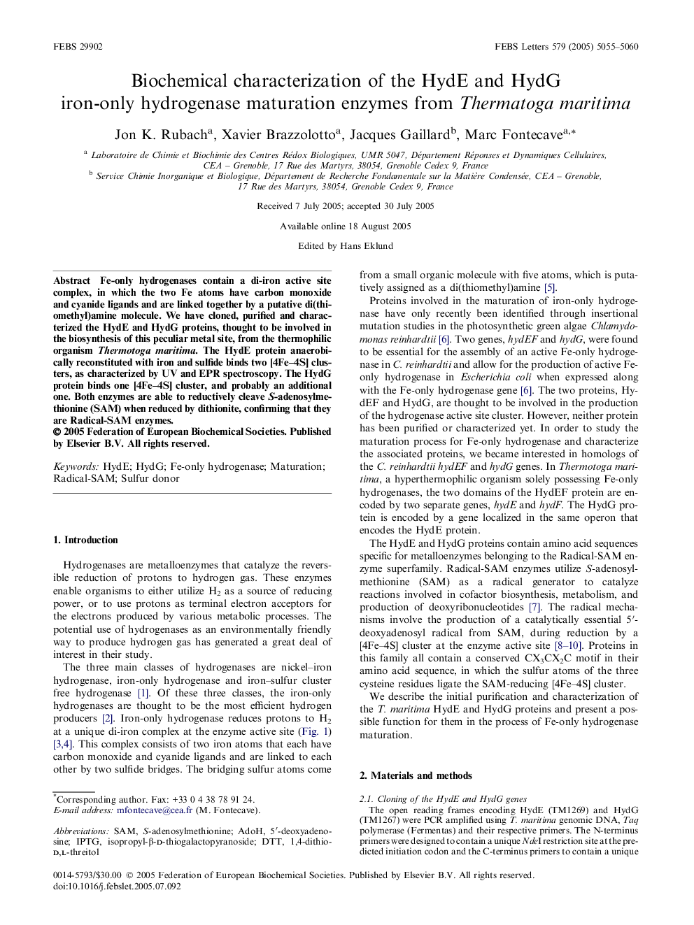 Biochemical characterization of the HydE and HydG iron-only hydrogenase maturation enzymes from Thermatoga maritima