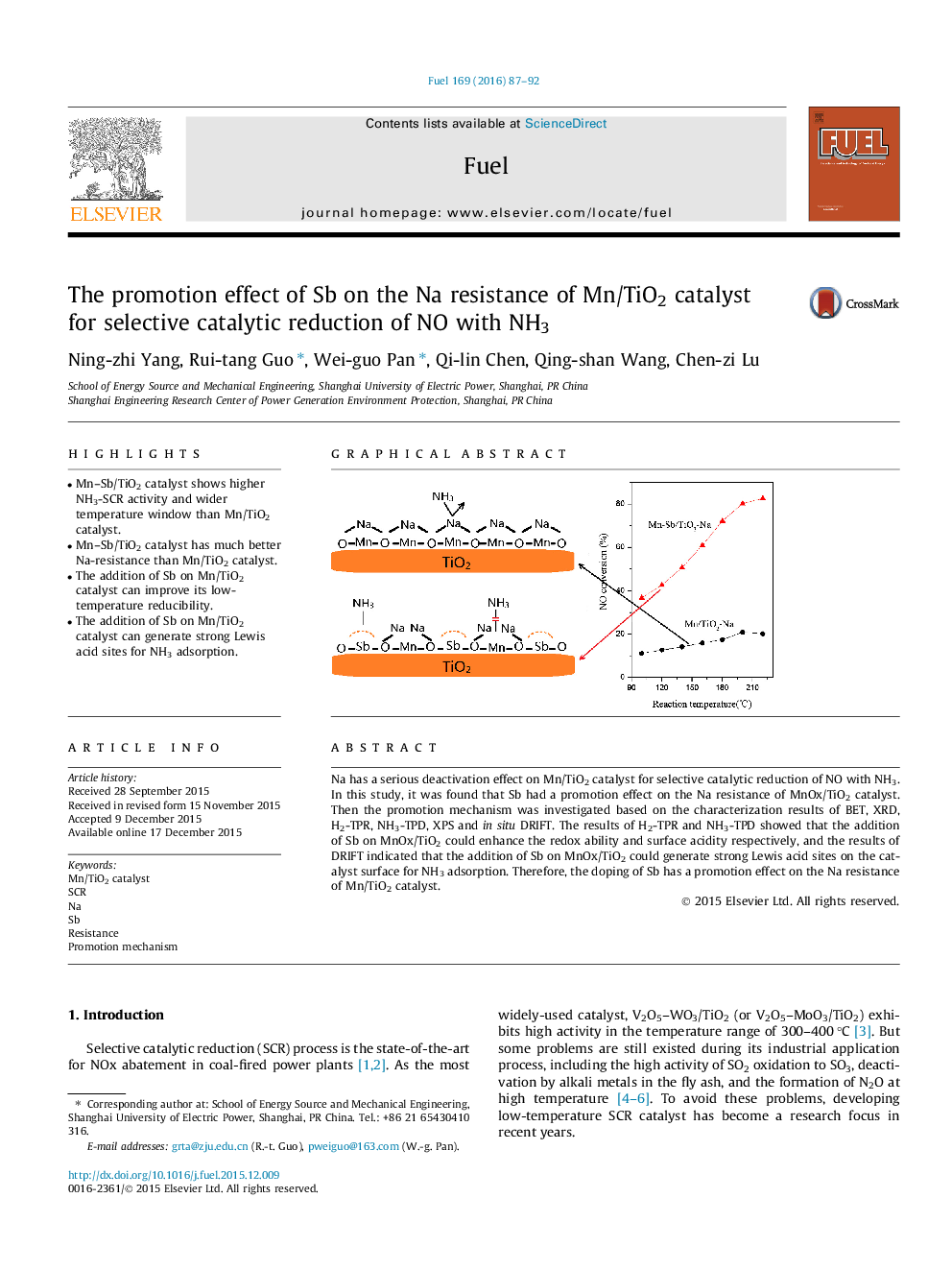 اثر ارتقاء Sb بر مقاومت Na کاتالیزور Mn/TiO2 برای کاهش کاتالیزوری انتخابی NO با NH3