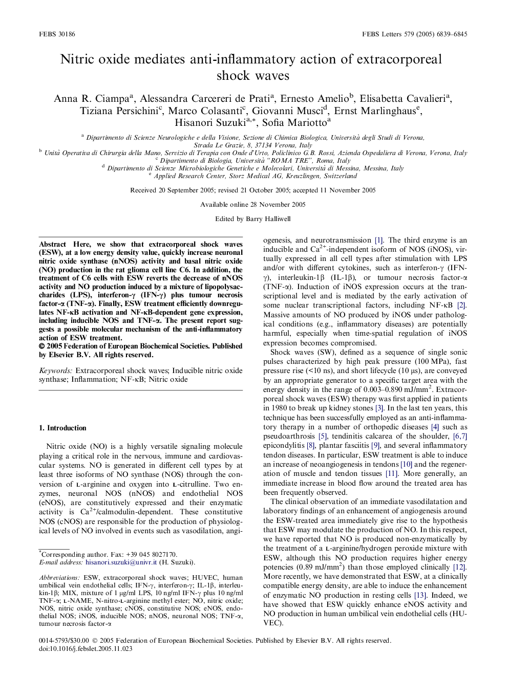 Nitric oxide mediates anti-inflammatory action of extracorporeal shock waves