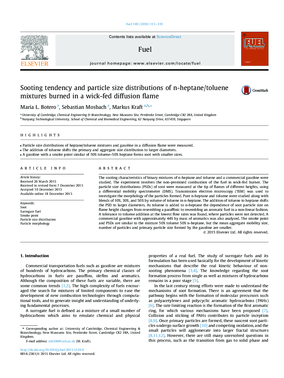 Sooting tendency and particle size distributions of n-heptane/toluene mixtures burned in a wick-fed diffusion flame