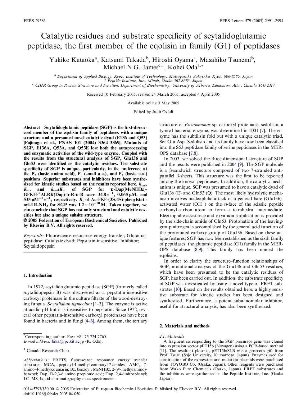 Catalytic residues and substrate specificity of scytalidoglutamic peptidase, the first member of the eqolisin in family (G1) of peptidases