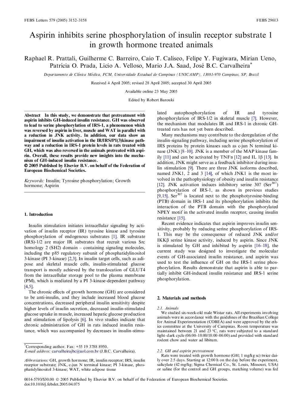 Aspirin inhibits serine phosphorylation of insulin receptor substrate 1 in growth hormone treated animals