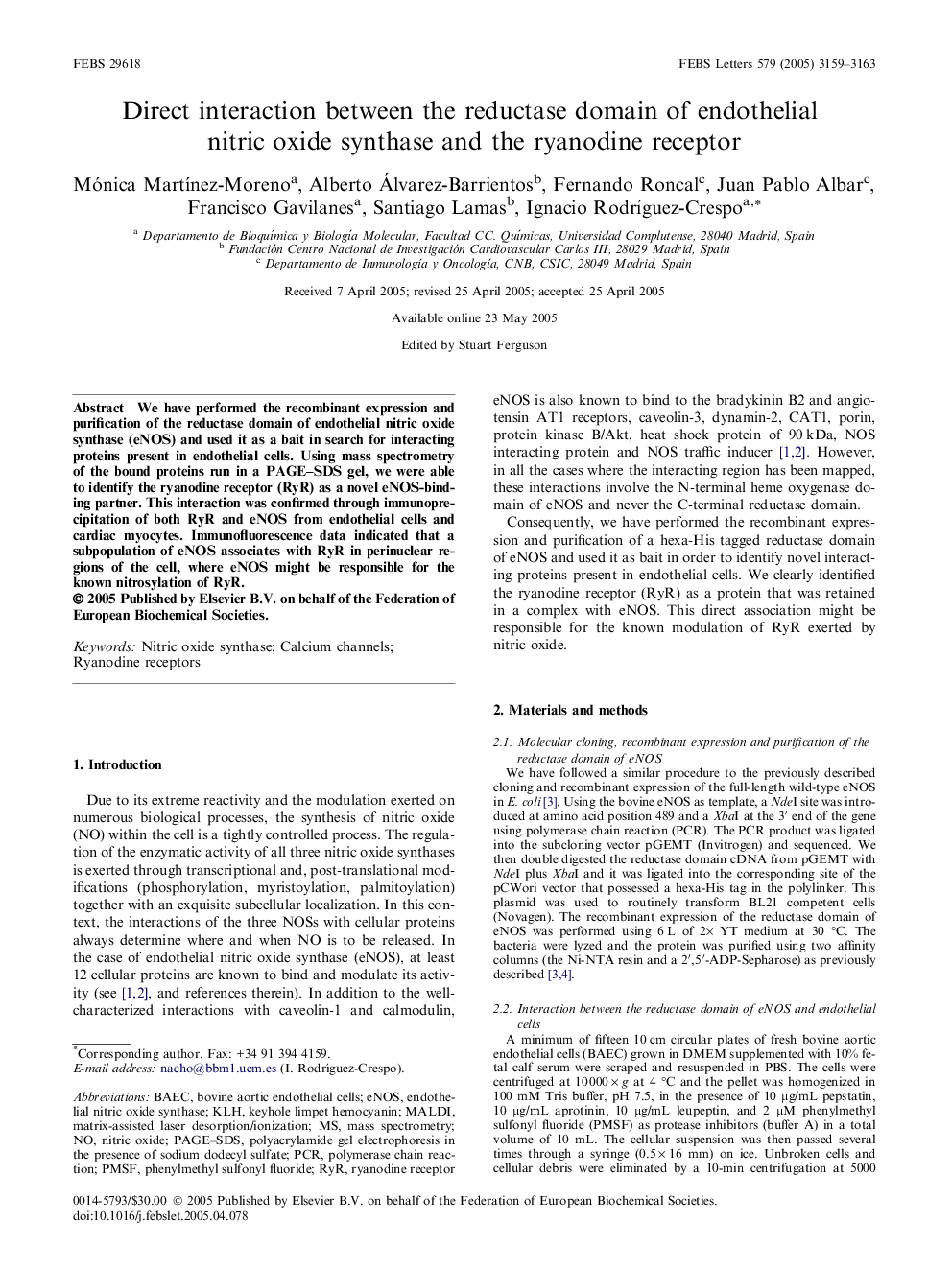 Direct interaction between the reductase domain of endothelial nitric oxide synthase and the ryanodine receptor