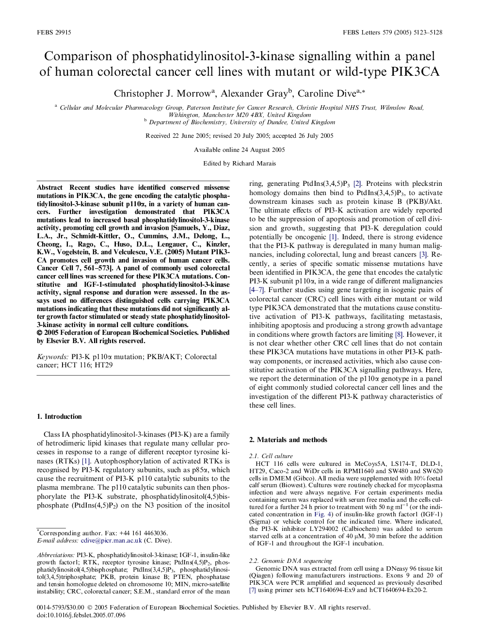 Comparison of phosphatidylinositol-3-kinase signalling within a panel of human colorectal cancer cell lines with mutant or wild-type PIK3CA