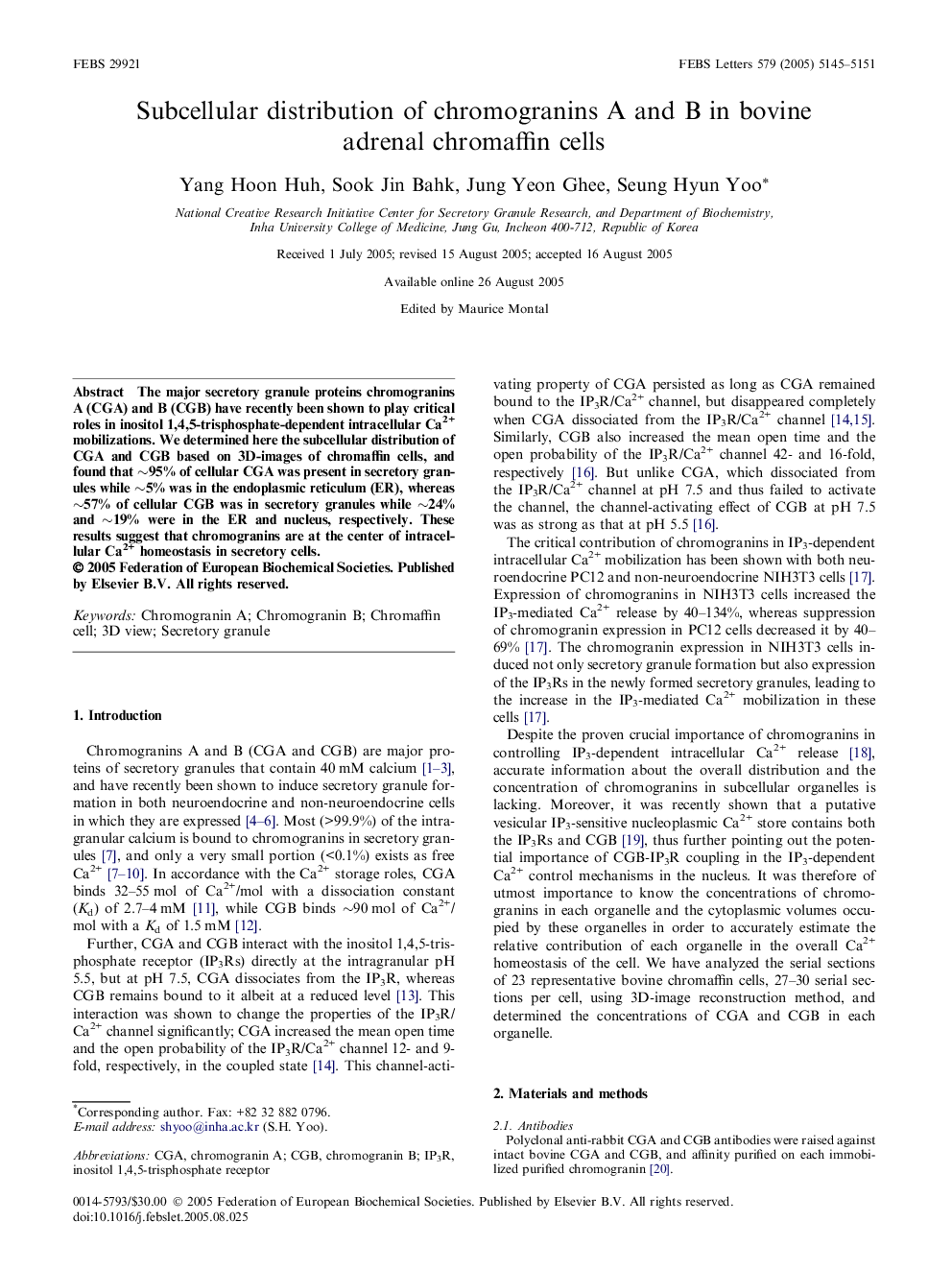 Subcellular distribution of chromogranins A and B in bovine adrenal chromaffin cells