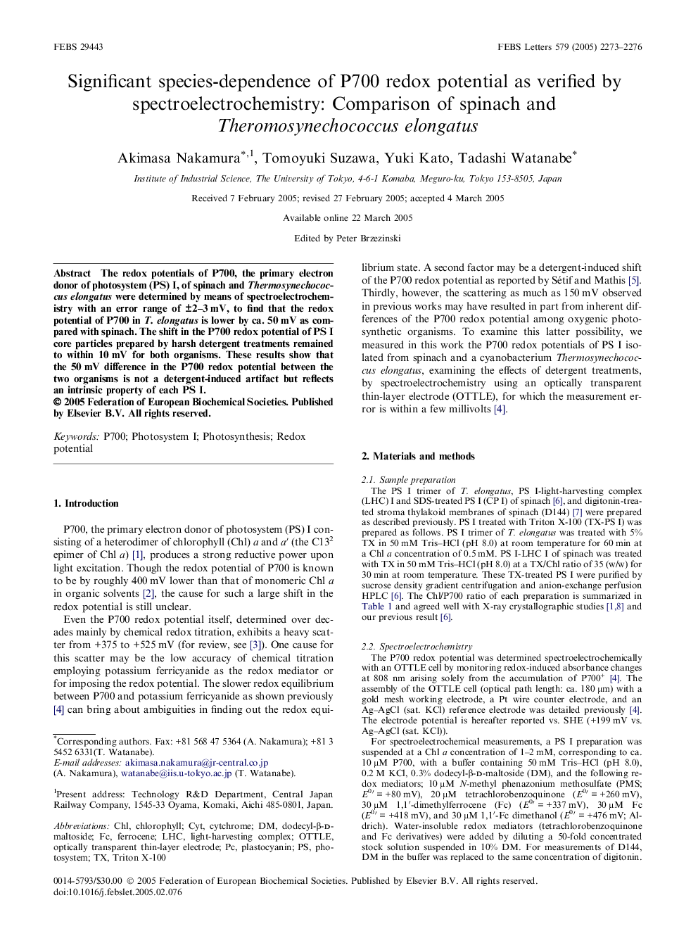 Significant species-dependence of P700 redox potential as verified by spectroelectrochemistry: Comparison of spinach and Theromosynechococcus elongatus