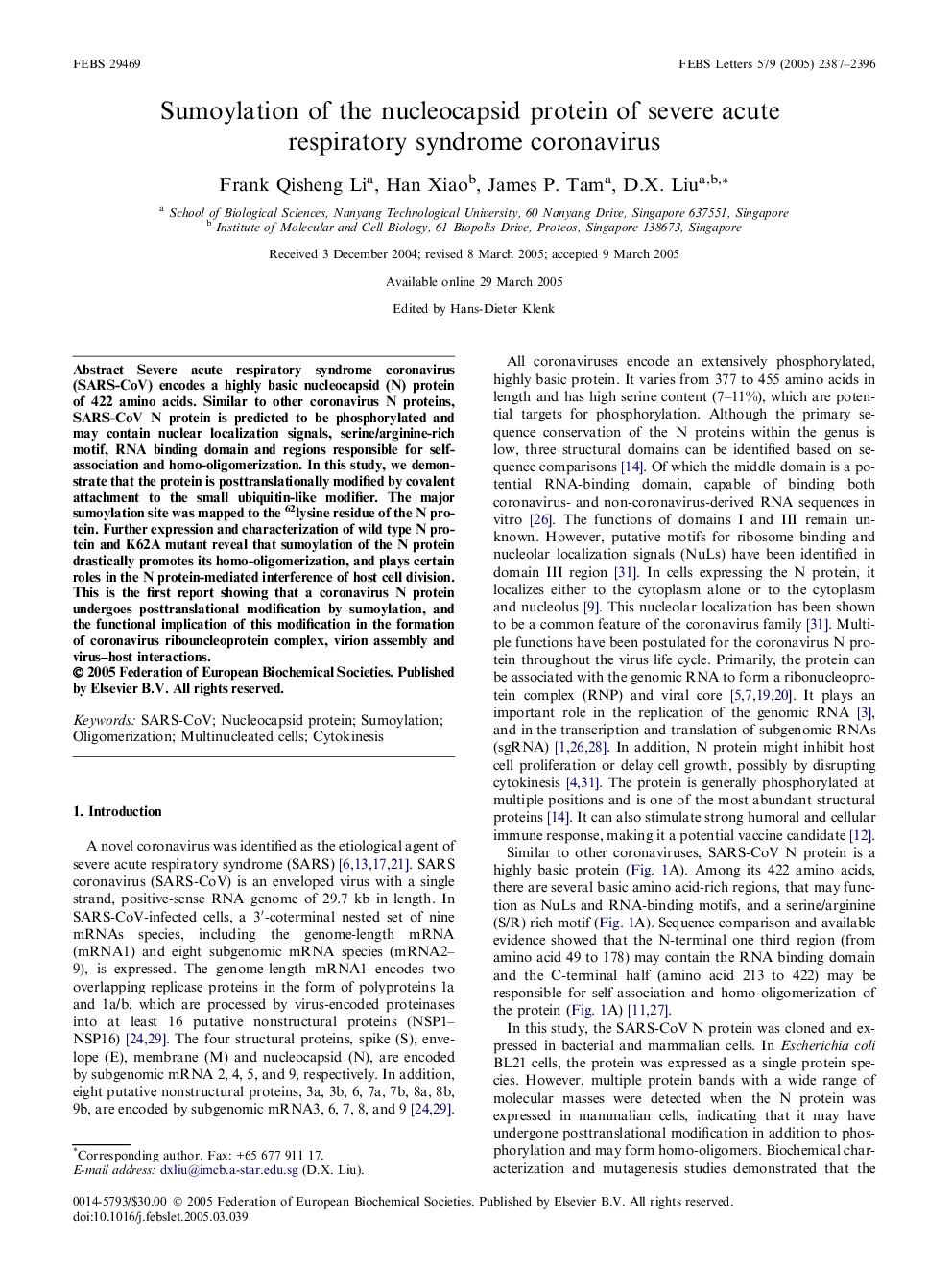 Sumoylation of the nucleocapsid protein of severe acute respiratory syndrome coronavirus