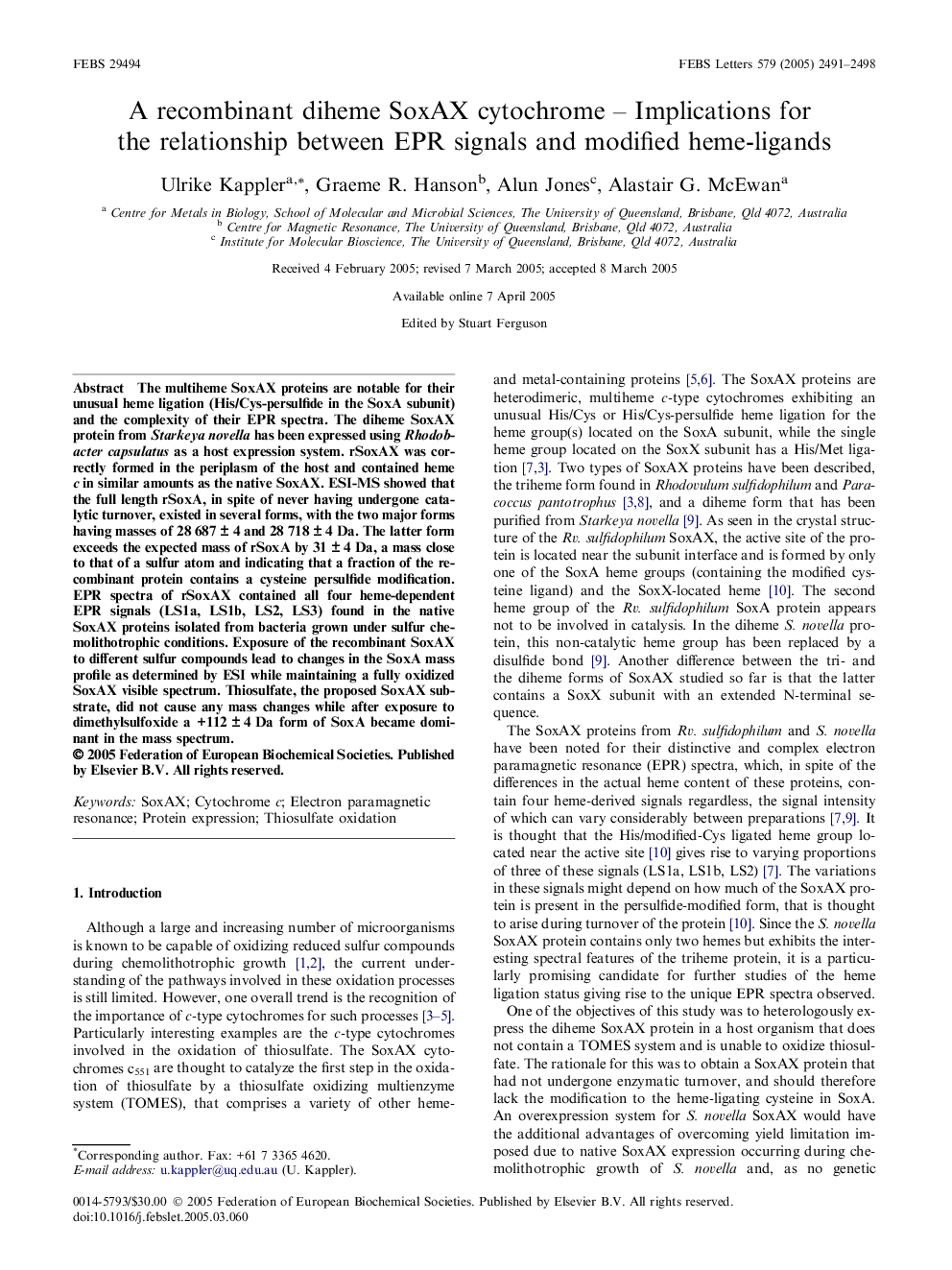 A recombinant diheme SoxAX cytochrome – Implications for the relationship between EPR signals and modified heme-ligands