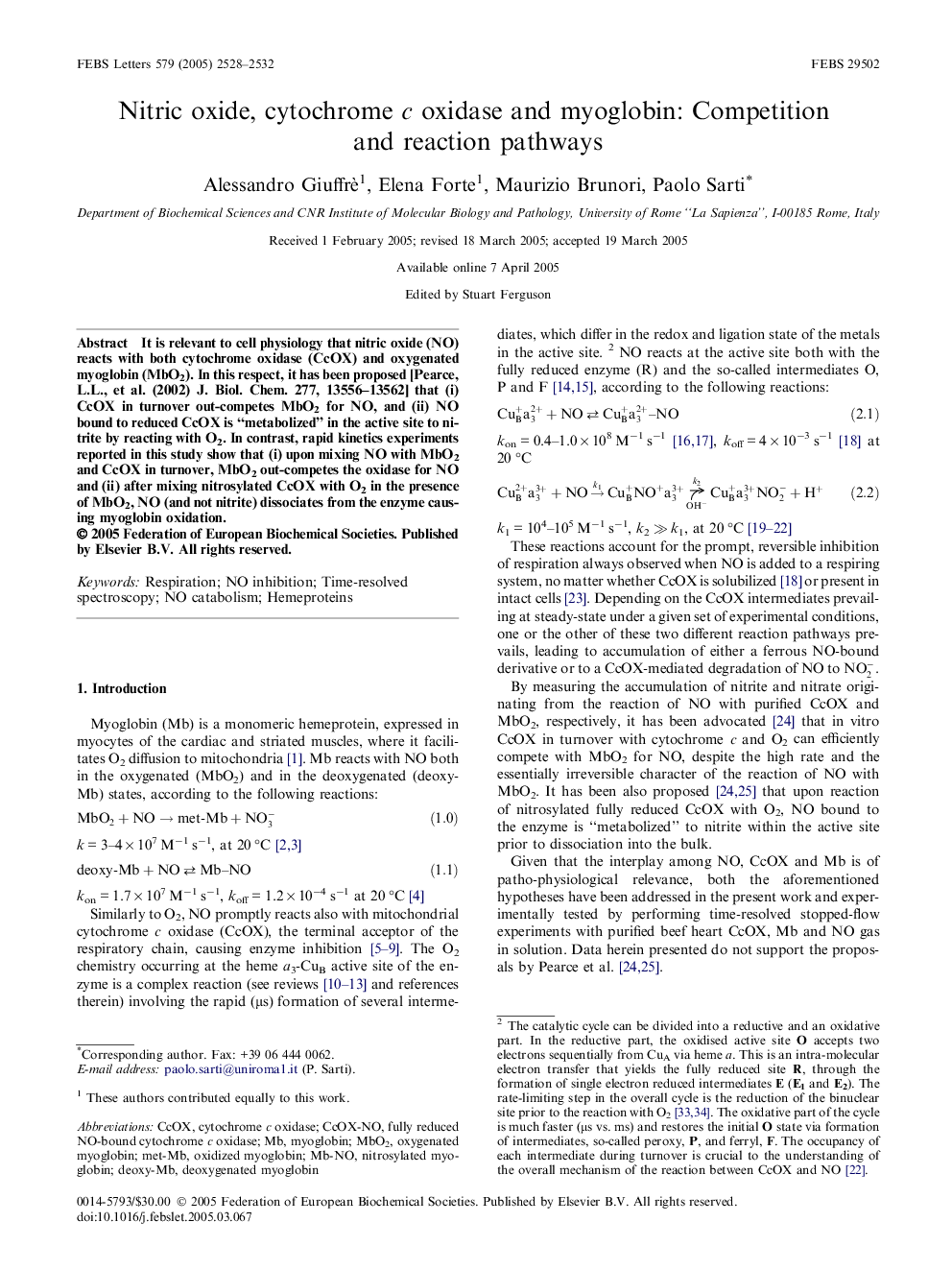 Nitric oxide, cytochrome c oxidase and myoglobin: Competition and reaction pathways