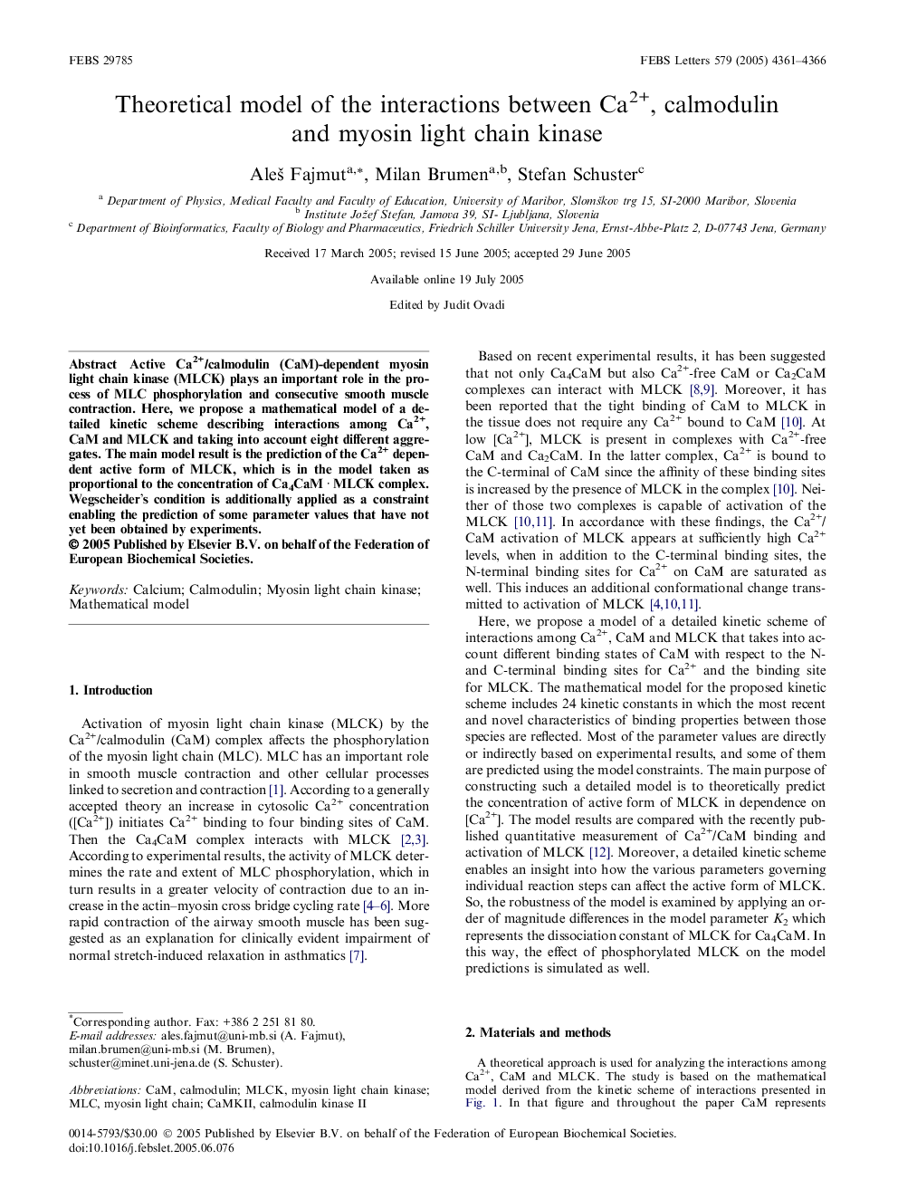 Theoretical model of the interactions between Ca2+, calmodulin and myosin light chain kinase