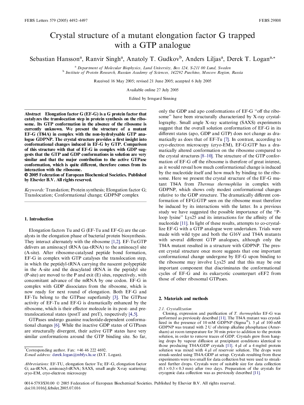 Crystal structure of a mutant elongation factor G trapped with a GTP analogue