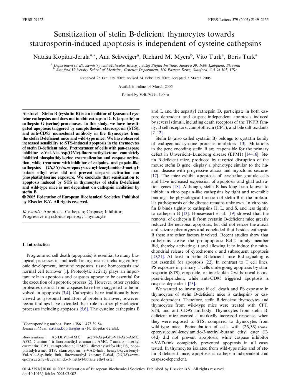 Sensitization of stefin B-deficient thymocytes towards staurosporin-induced apoptosis is independent of cysteine cathepsins