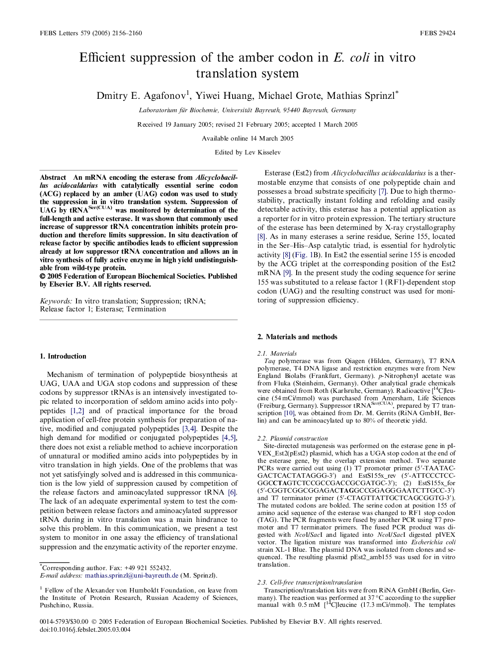 Efficient suppression of the amber codon in E. coli in vitro translation system