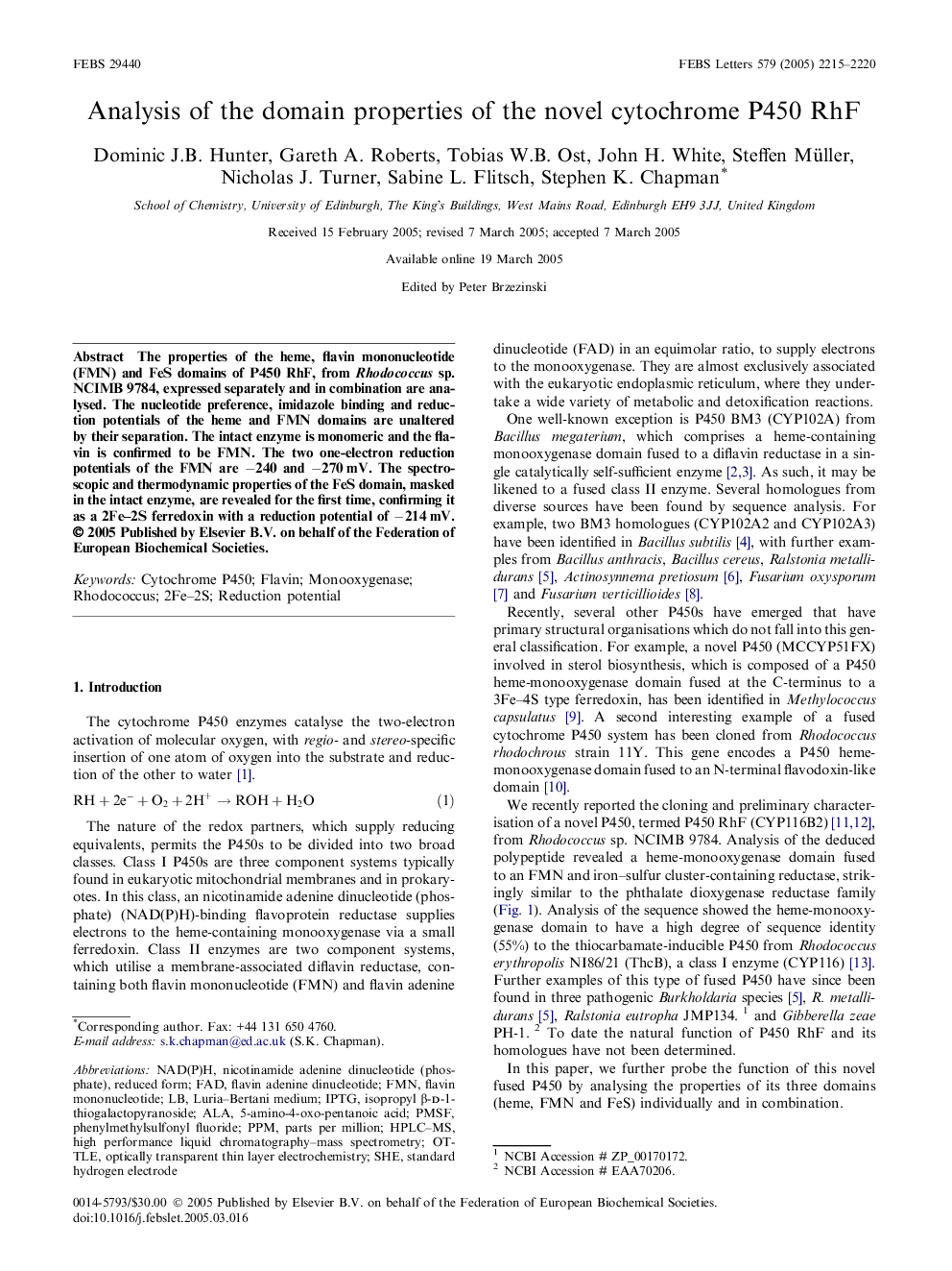 Analysis of the domain properties of the novel cytochrome P450 RhF