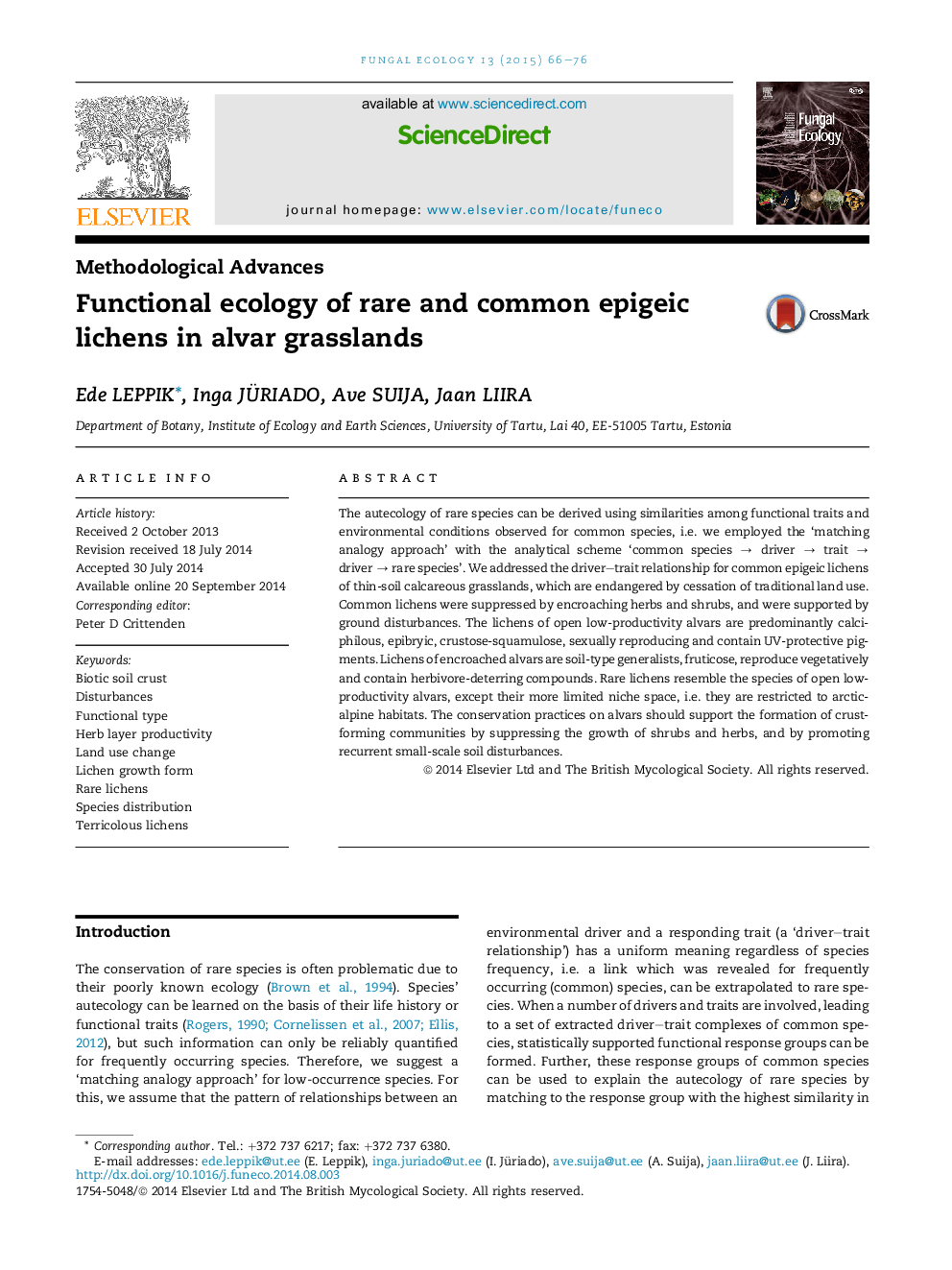 Functional ecology of rare and common epigeic lichens in alvar grasslands