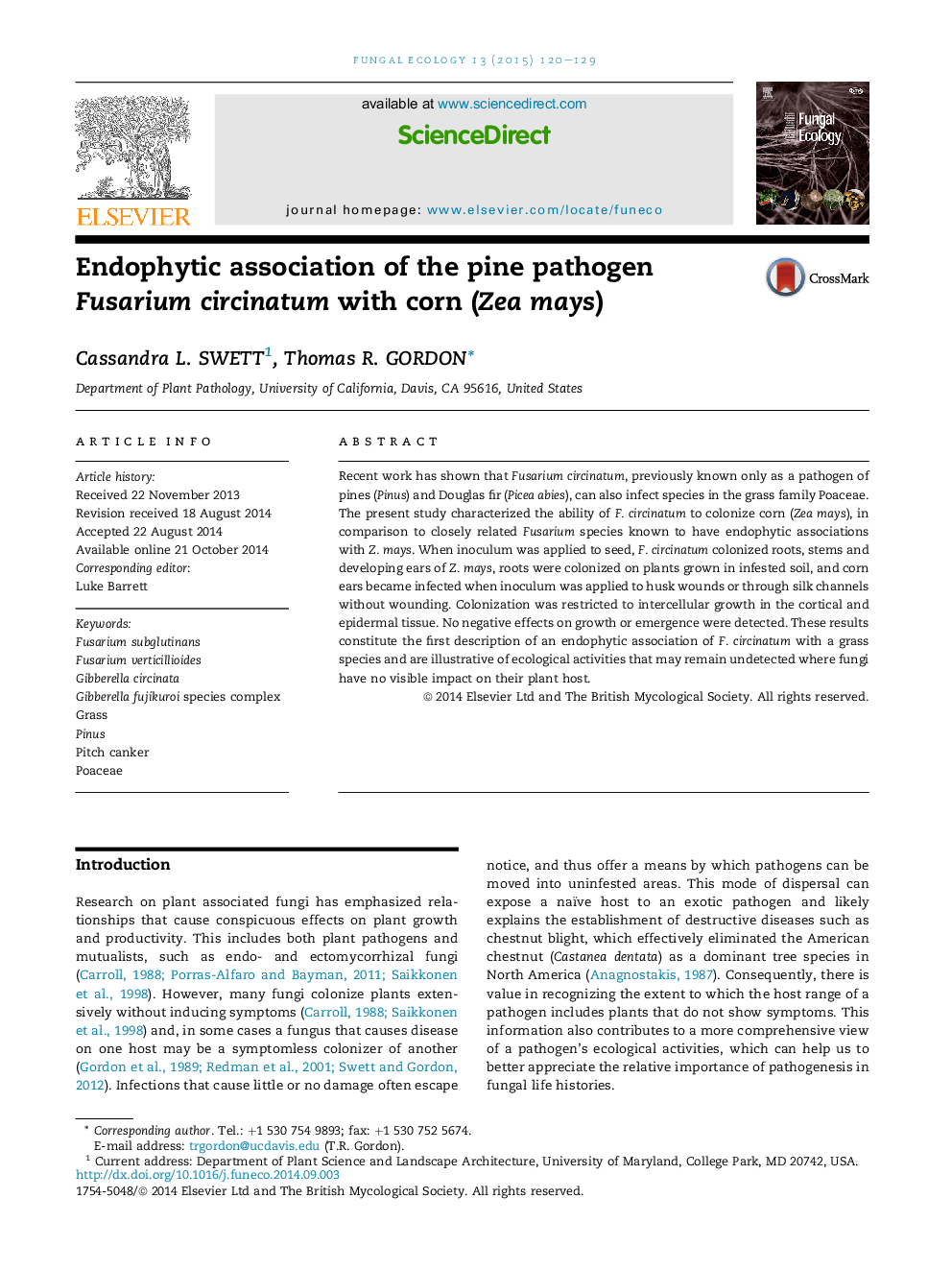 Endophytic association of the pine pathogen Fusarium circinatum with corn (Zea mays)