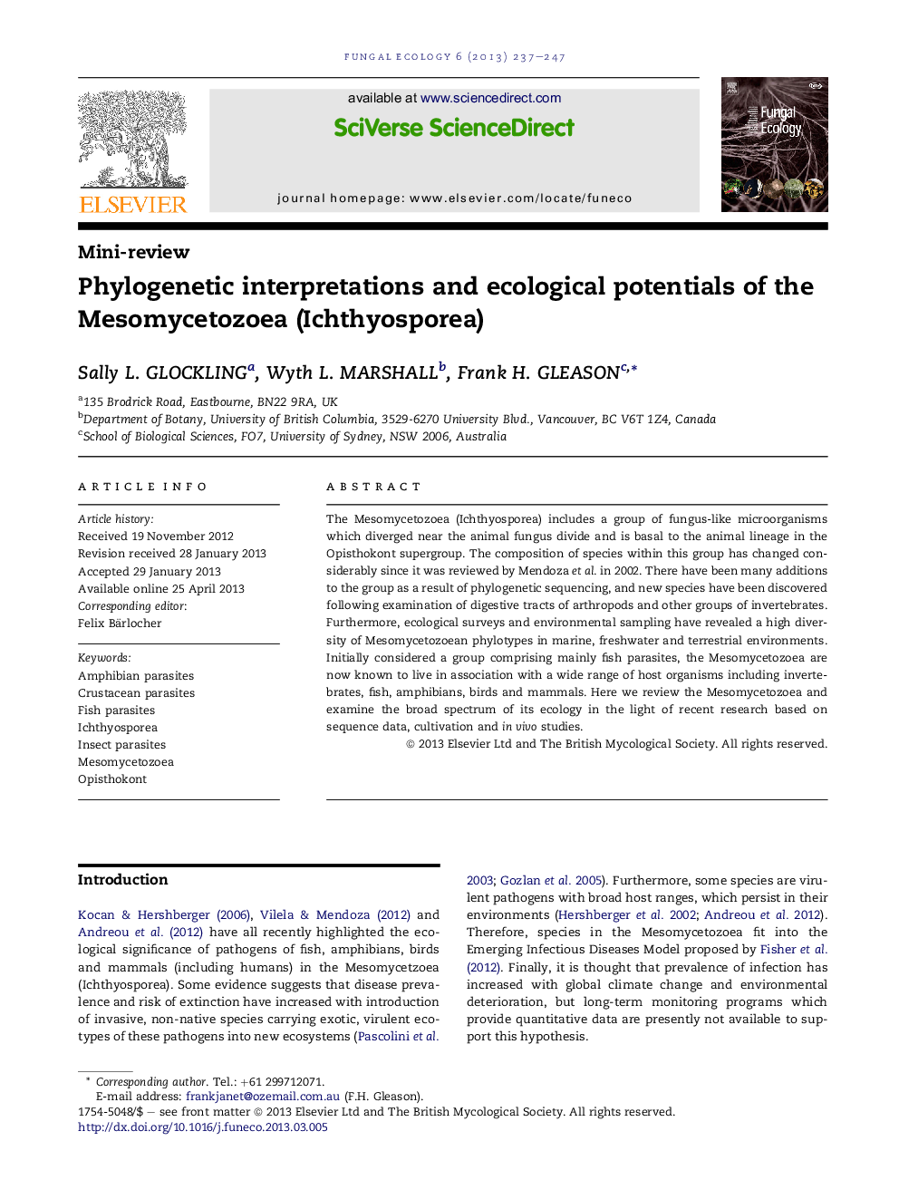 Phylogenetic interpretations and ecological potentials of the Mesomycetozoea (Ichthyosporea)