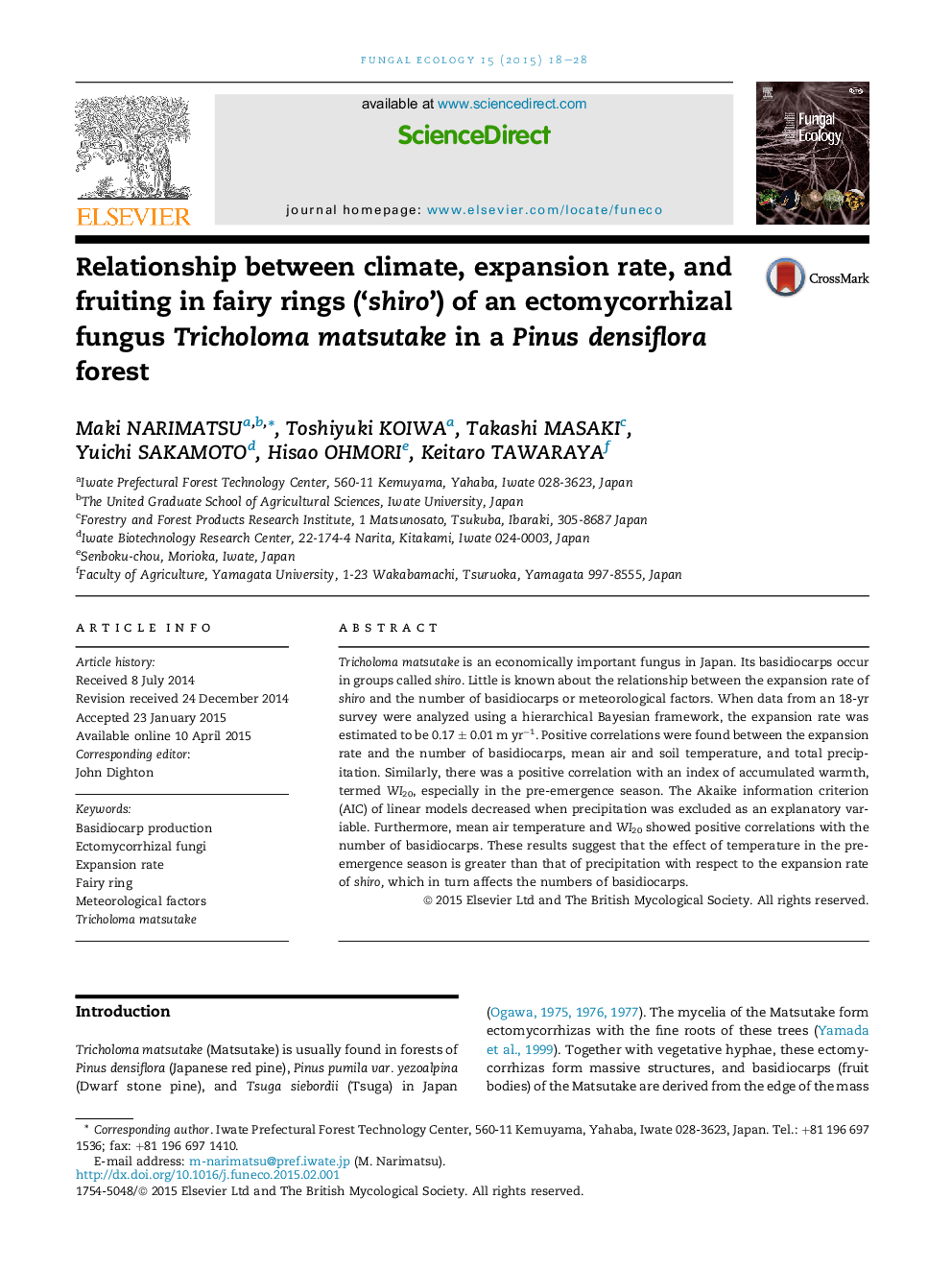 Relationship between climate, expansion rate, and fruiting in fairy rings (‘shiro’) of an ectomycorrhizal fungus Tricholoma matsutake in a Pinus densiflora forest