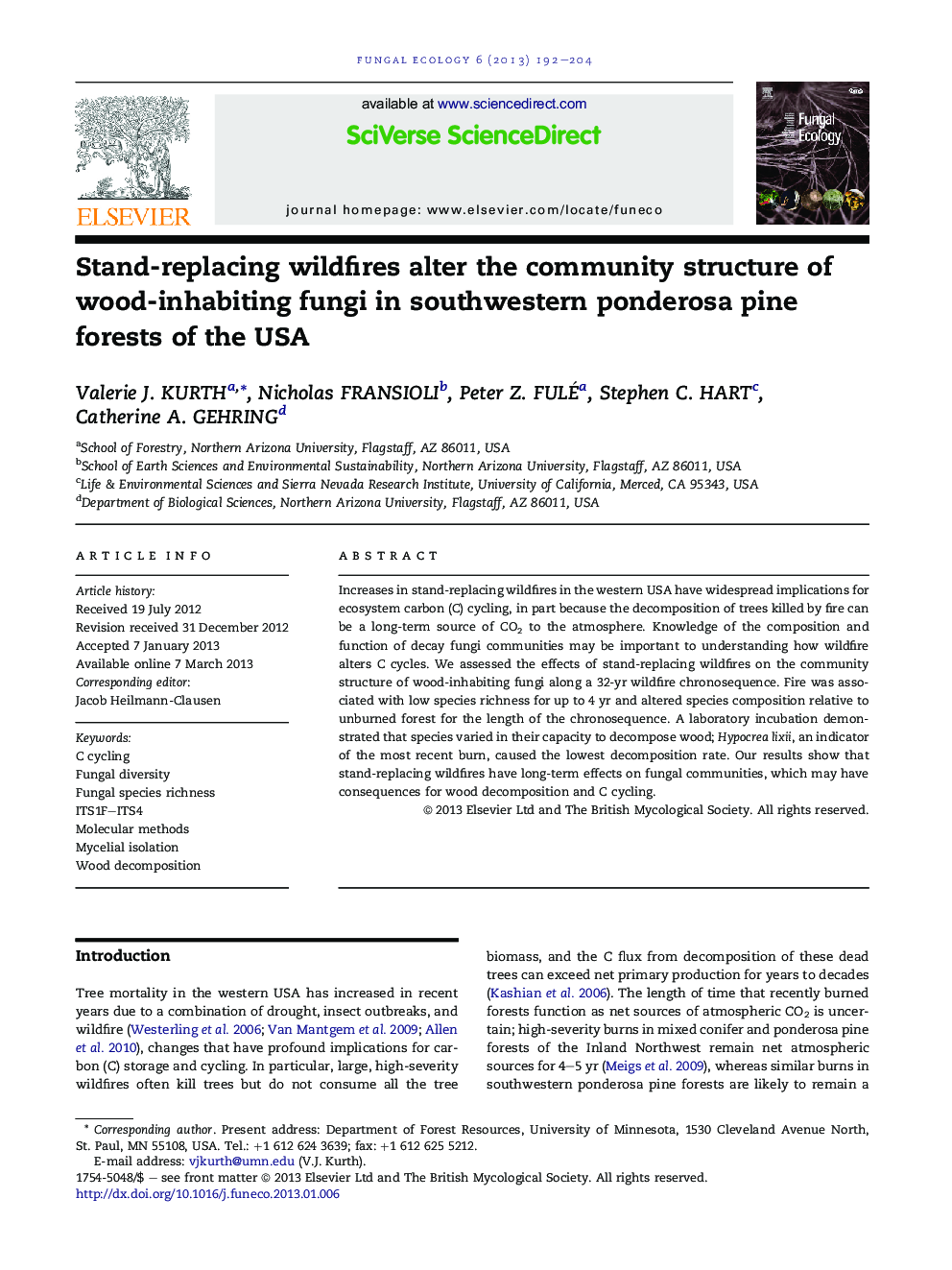 Stand-replacing wildfires alter the community structure of wood-inhabiting fungi in southwestern ponderosa pine forests of the USA