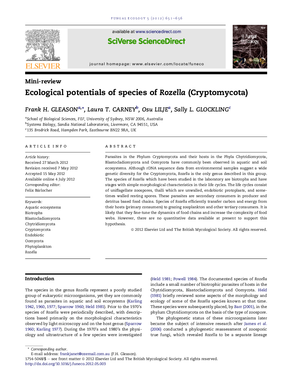 Ecological potentials of species of Rozella (Cryptomycota)