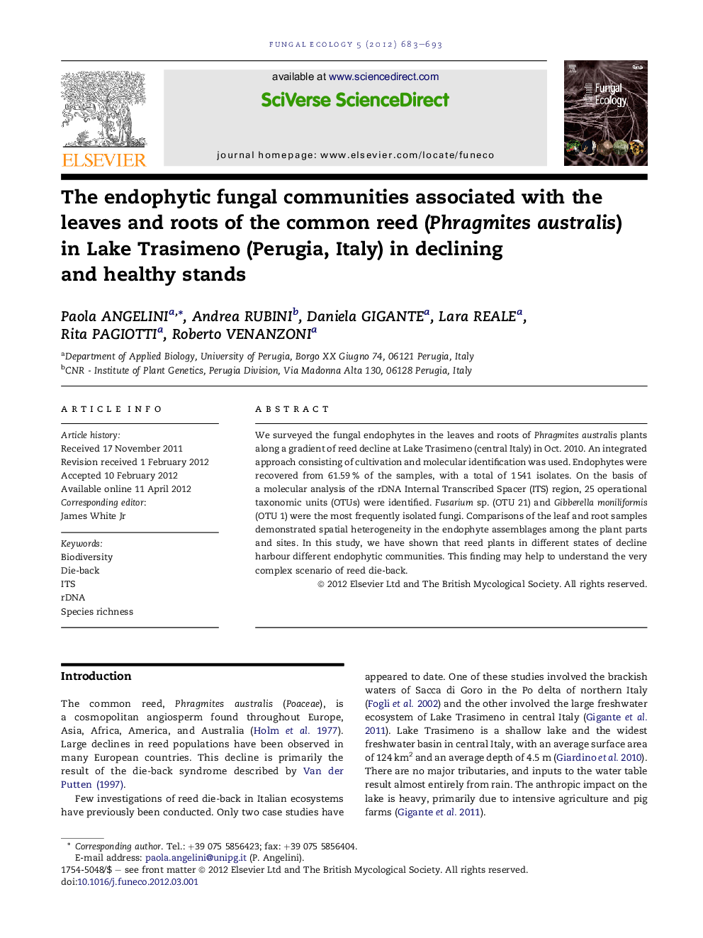 The endophytic fungal communities associated with the leaves and roots of the common reed (Phragmites australis) in Lake Trasimeno (Perugia, Italy) in declining and healthy stands