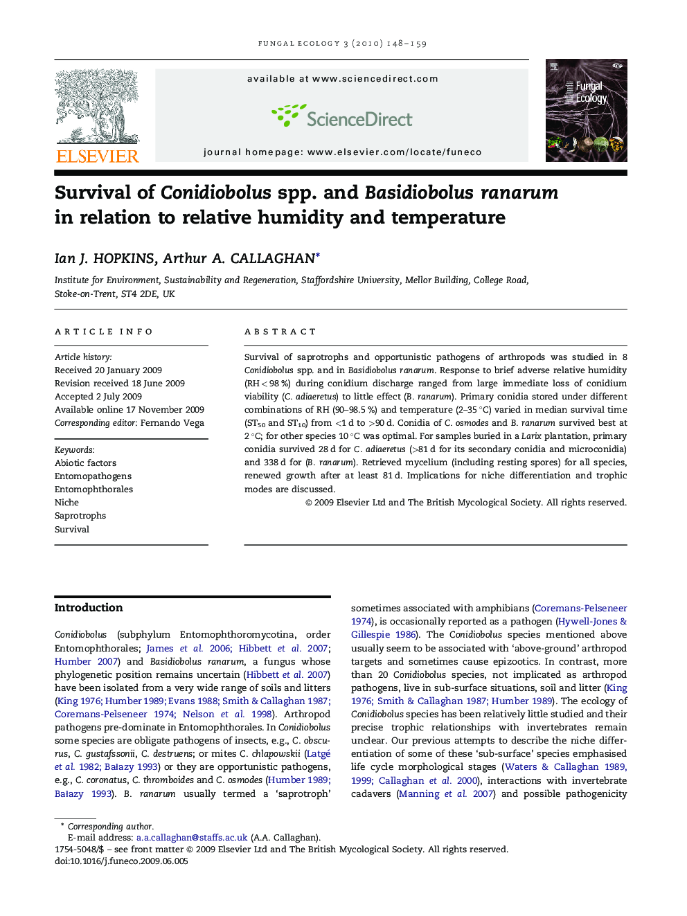 Survival of Conidiobolus spp. and Basidiobolus ranarum in relation to relative humidity and temperature