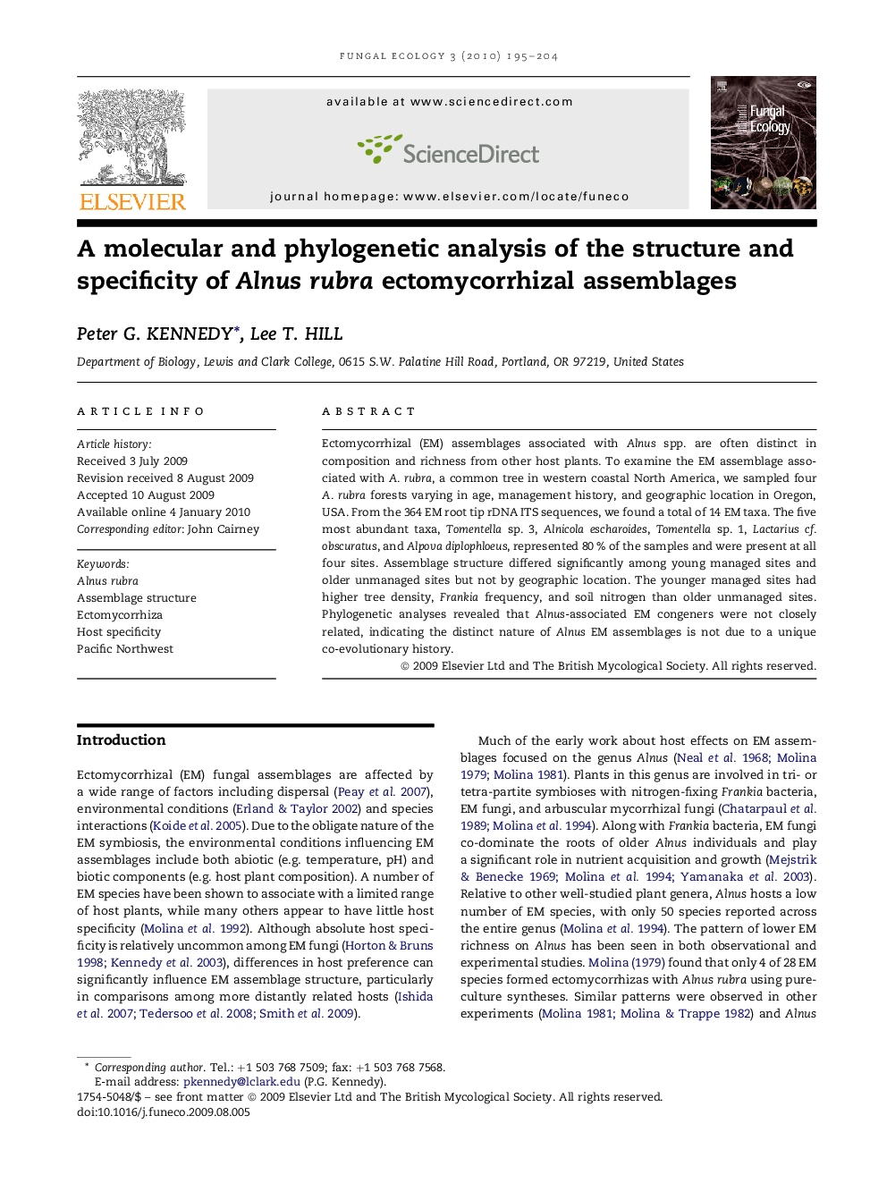 A molecular and phylogenetic analysis of the structure and specificity of Alnus rubra ectomycorrhizal assemblages